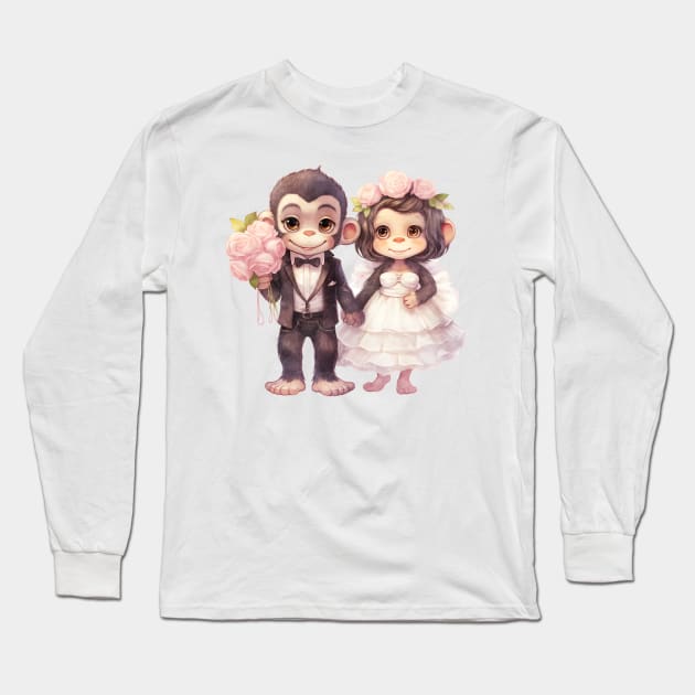 Chimpanzee Couple Gets Married Long Sleeve T-Shirt by Chromatic Fusion Studio